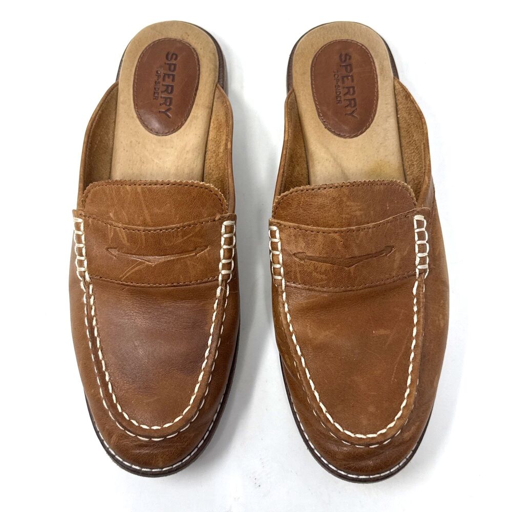 Sperry Seaport Fina Mules Womens Sz 8.5 Tan Leather Topsider Penny Loafer Preppy